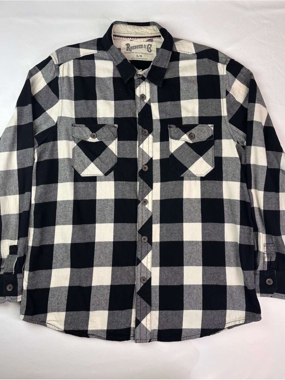 Roebuck & Co Black White Buffalo Check Plaid Flannel L